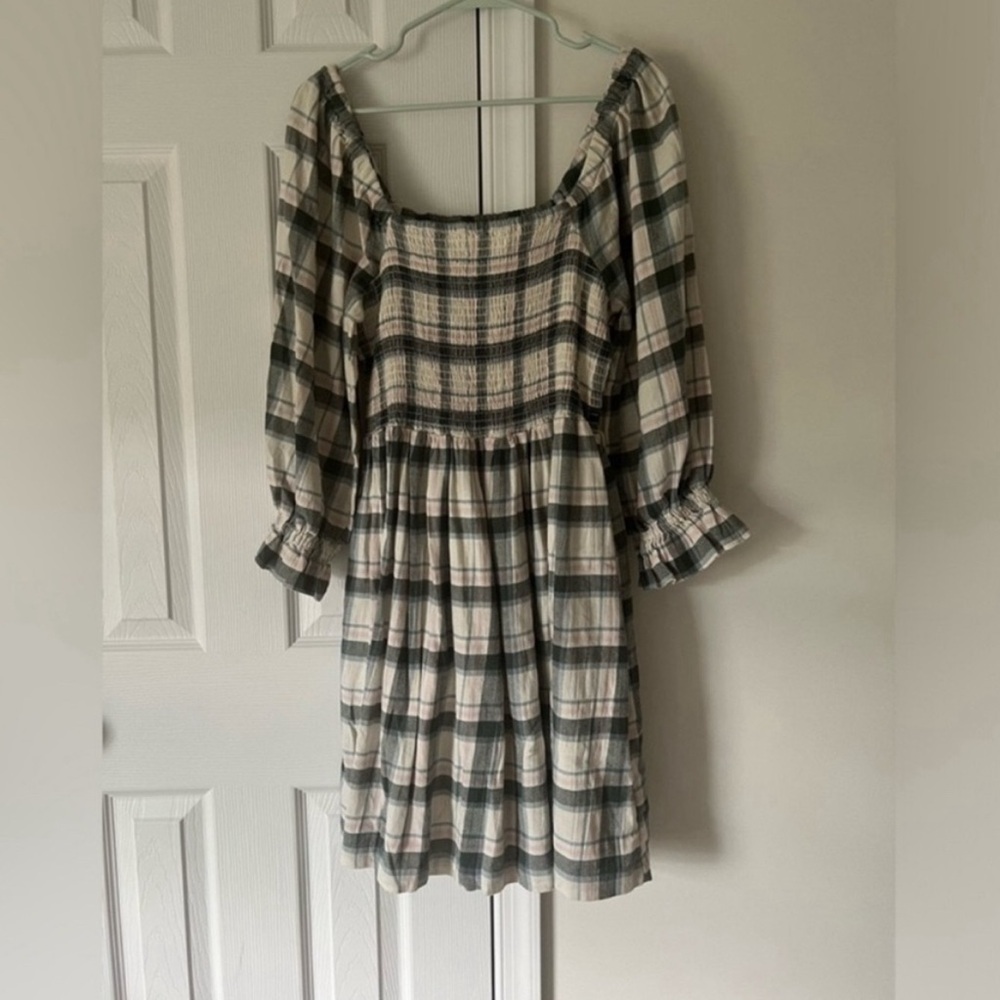 Madewell Lucie Elbow-Sleeve Smocked Plaid Mini Dress – Women’s Large NWT - Picture 3 of 8